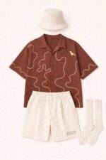 Urban Summer Set – Navy Abstract Shirt, Cream Pleated Shorts, Bucket Hat & Socks