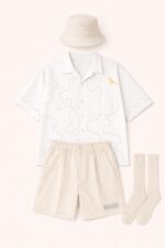 Urban Summer Set – Navy Abstract Shirt, Cream Pleated Shorts, Bucket Hat & Socks - Image 2