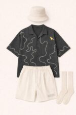 Urban Summer Set – Navy Abstract Shirt, Cream Pleated Shorts, Bucket Hat & Socks - Image 3