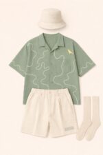 Urban Summer Set – Navy Abstract Shirt, Cream Pleated Shorts, Bucket Hat & Socks - Image 4