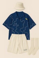 Urban Summer Set – Navy Abstract Shirt, Cream Pleated Shorts, Bucket Hat & Socks - Image 5
