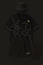 Urban Summer Set – Navy Abstract Shirt, Cream Pleated Shorts, Bucket Hat & Socks - Image 6